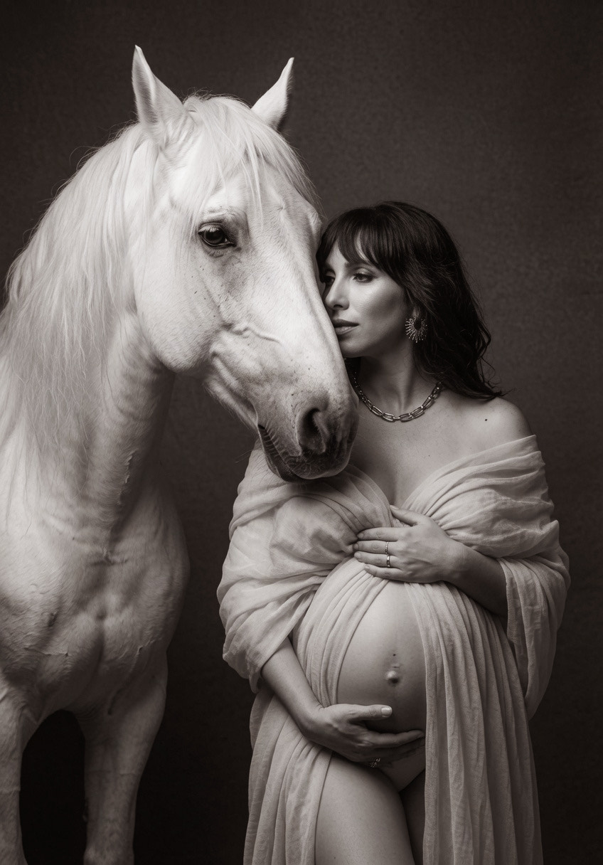 Expectant mother beside a white horse in a fine-art Chicago maternity portrait
