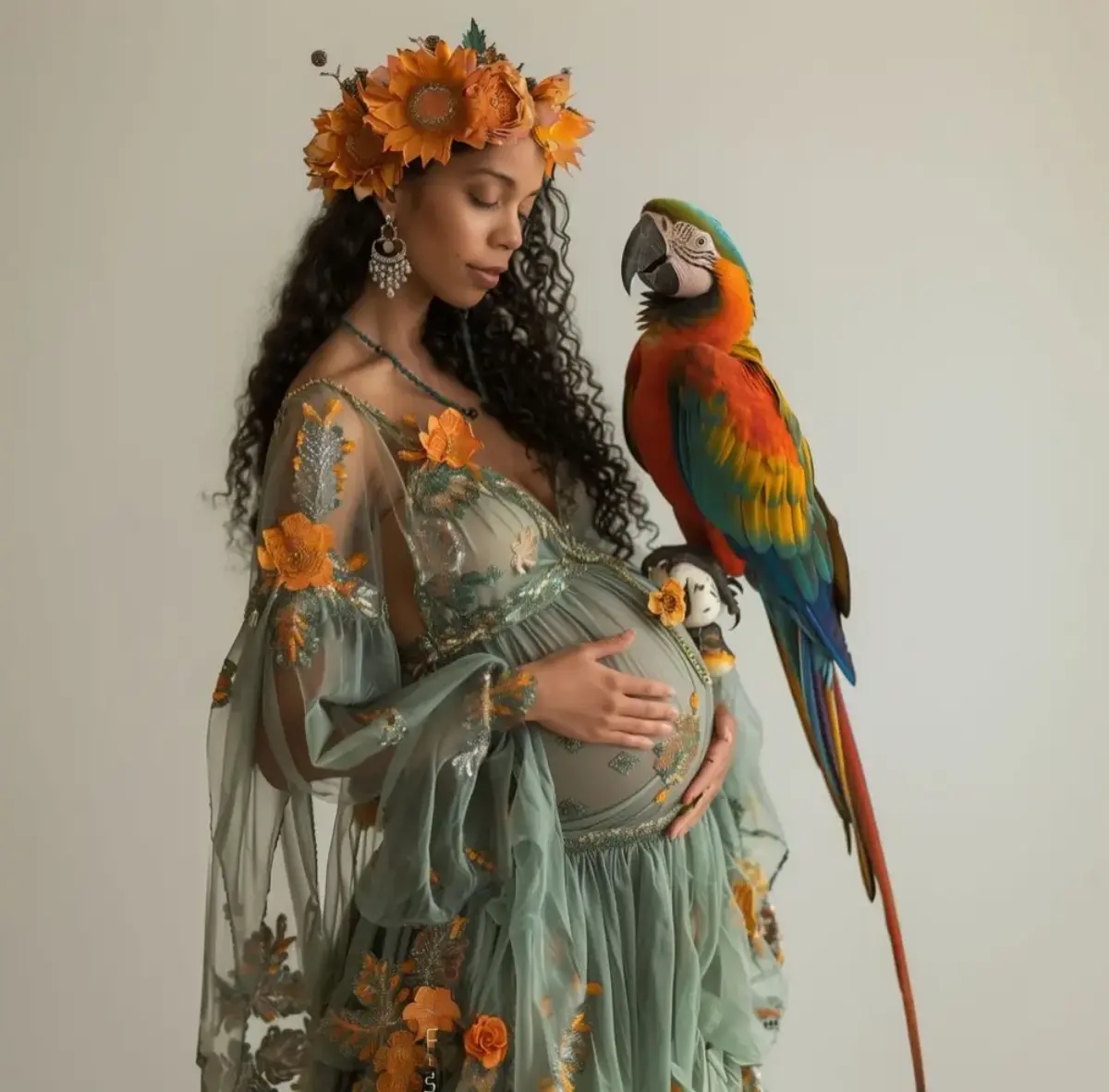 Fine-art pregnancy portrait with a colorful macaw by a pregnancy photographer in Chicago